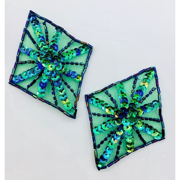 Jade/Royal (3" High X 2-1/4" Wide) Diamond Sequin & Beads Applique - 2 Pieces