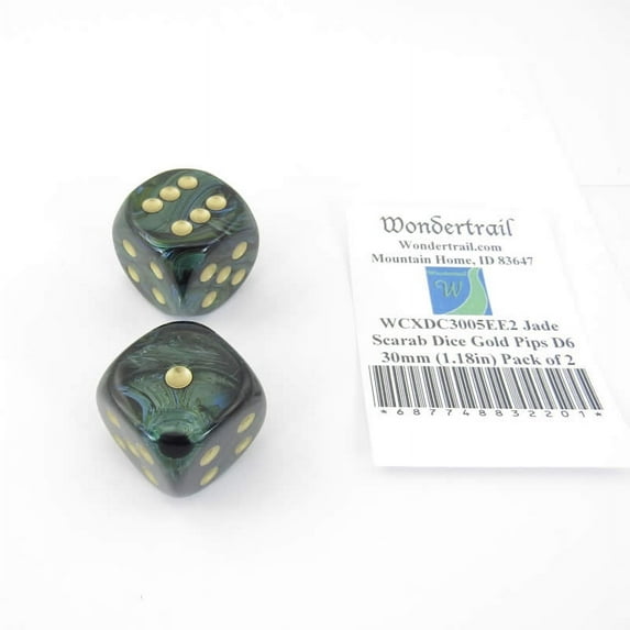 Jade Scarab Dice with Gold Pips D6 30mm (1.18in) Pack of 2 Wondertrail