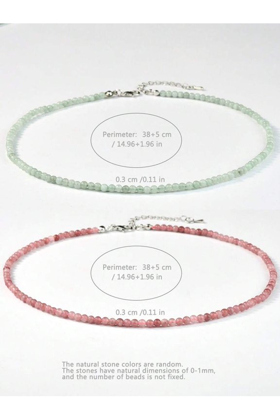 Jade + Strawberry Quartz Beaded Choker Necklace - Silvertone