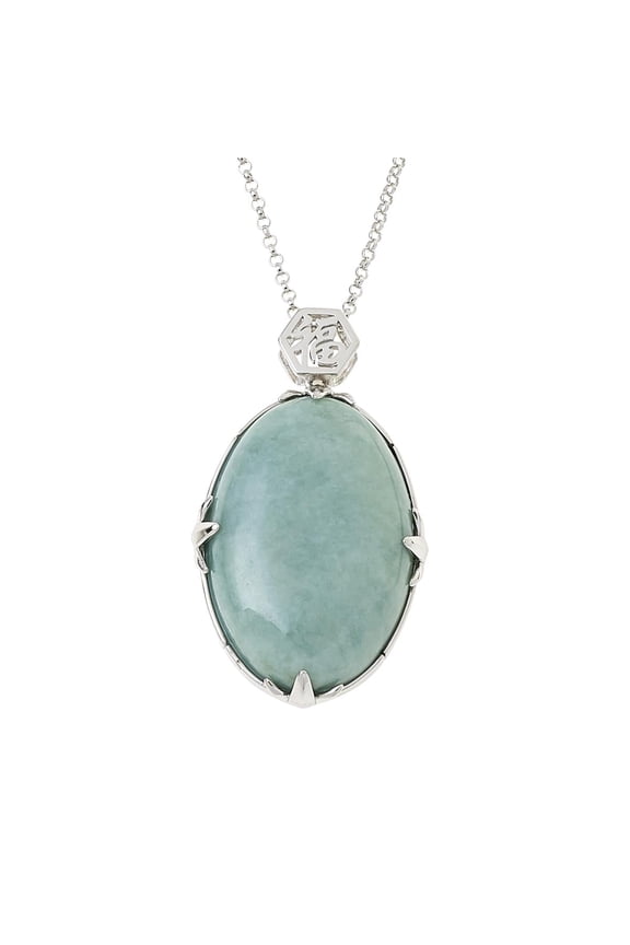 Sterling Silver Oval Light Green Jade Pendant Necklace, 18"