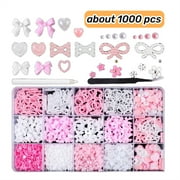 Jademall 1000Pcs 3D Bow & Heart Nail Art Accessories, Nail Art Rhinestones Set, Flatback Rhinestones, Pearl Nail Beads & Flower Decorations for DIY Manicure & Craft Embellishments