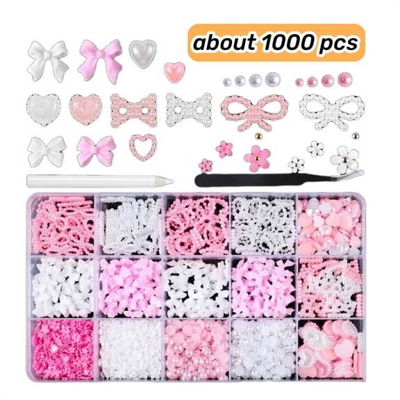 Jademall 1000Pcs 3D Bow & Heart Nail Art Accessories, Nail Art  Rhinestones Set, Flatback Rhinestones, Pearl Nail Beads & Flower Decorations for DIY Manicure & Craft Embellishments