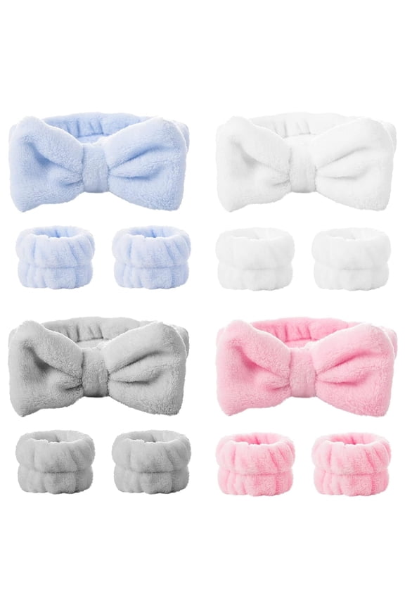 12Pcs Headbands Wristbands Set for Washing Face, Knotted Spa Head Bands Wrist Towels Skincare Hair Bands Arm Bands for Womens Makeup Facial-White, Pink, Blue, Gray