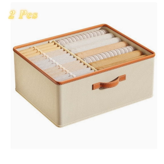 Jademall 2-Pack Clothes Storage Bins with Removable Divider, Foldable Fabric Organizer Boxes with Handle, Stackable Closet Storage Baskets for Jeans, Shirts & Underwear, Beige, 19.7"x15.7"x7.9"