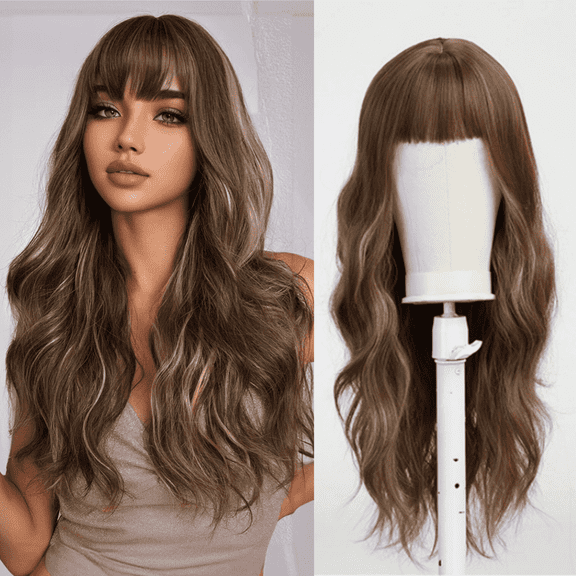 Jademall 24 inch Long Wavy Brown Wig with Bangs, Synthetic Hair Wig for Women, Full Coverage Natural Look, Curly Wave Hairstyle for Cosplay, Daily Wear & Parties - Mixed Brown