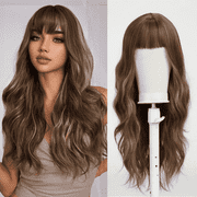 Jademall 24 inch Long Wavy Brown Wig with Bangs, Synthetic Hair Wig for Women, Full Coverage Natural Look, Curly Wave Hairstyle for Cosplay, Daily Wear & Parties - Mixed Brown