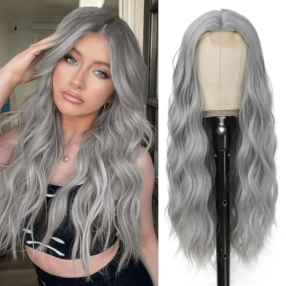 Jademall 26 inch Long Wavy Synthetic Wig for Women, Natural Looking Curly Middle Part Lace Front Wig, Natural Long Wavy Hair Wigs Perfect for Daily Use, Cosplay, Party - Gray