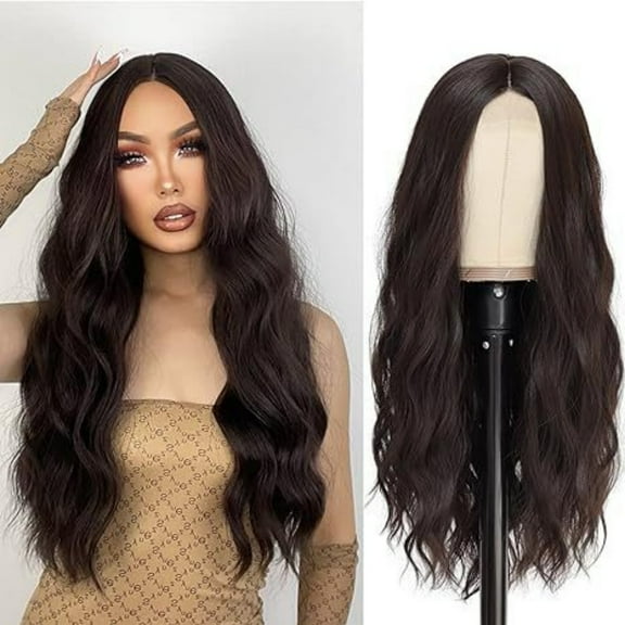 Jademall 26 inch Long Wavy Wig for Women, Synthetic Curly Hair with Lace Front, Heat Resistant Fiber, Center Parting & Bangs - Perfect for Daily Wear, Parties, and Dancing - Black Brown