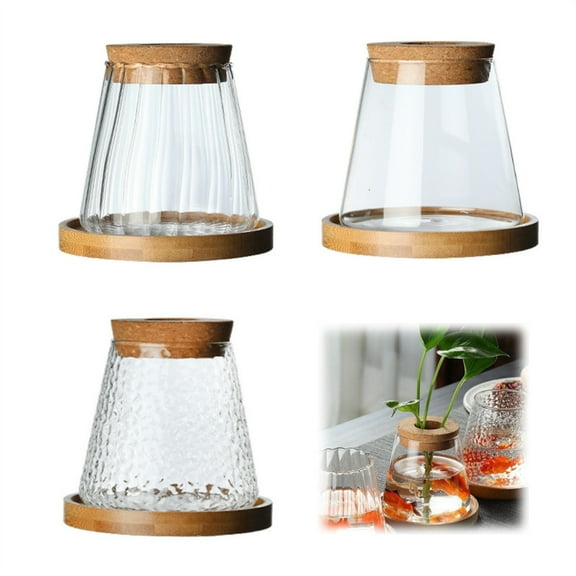 Jademall 3-Pack Plant Propagation Station, Clear Glass Planter Vases with Lids & Wooden Stand, Hydroponic Plant Propagation Vases, Plant Landscape Bottle for Home & Office Desktop Decor
