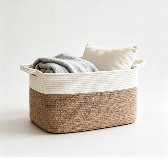 Jademall 50L Cotton Rope Storage Basket, 19"x13.4"x11" Woven Laundry Hamper with Handles for Blankets & Towels - White/Brown
