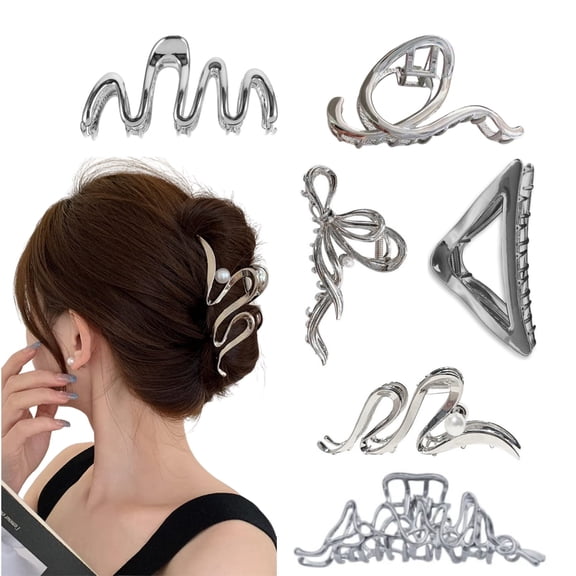 Jademall 6-Pcs Silver Metal Hair Claw Clips, Liquid Irregular Nonslip Barrettes, Strong Hold Elegant Hair Accessories for Women - Mixed Styles