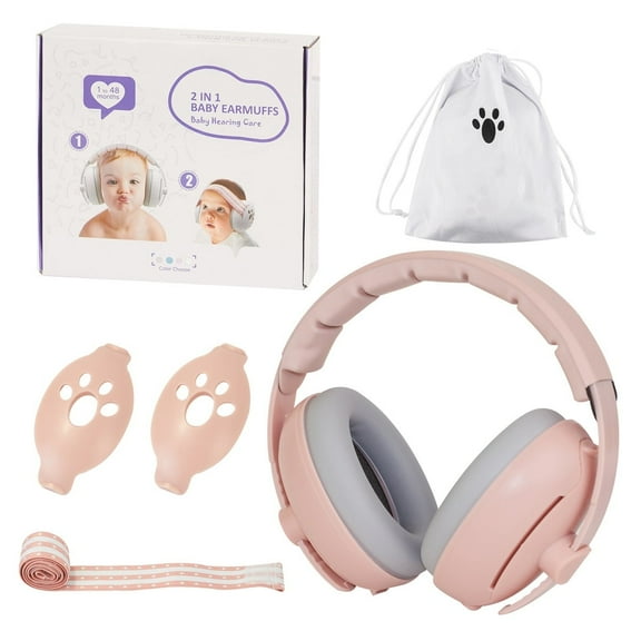 Jademall Baby Ear Muffs Noise Protection, 2-in-1 Baby Ear Muffs & Headphones, Noise Reducing Ear Protection for Infants & Toddlers (0-48 Months), Ideal for Airplane Travel & Outdoor - Pink
