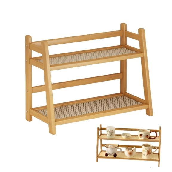 Jademall Bamboo Double-Layer Kitchen Rack - 15.3x7x11.2inch Mug Storage Shelf, Multi-Purpose Spice Organizer, Matcha & Tea Display Stand for Office & Living Room - Light Brown
