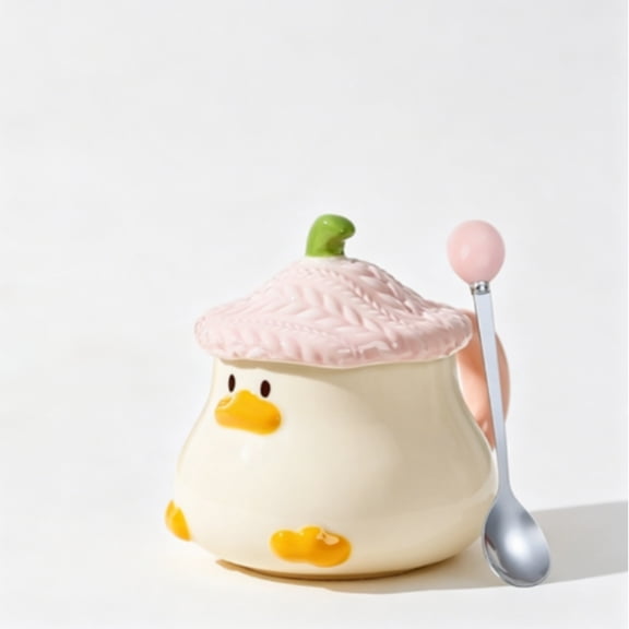 Jademall Cute 3D Duck Coffee Mug with Hat Lid & Spoon – 13oz (400ml) Ceramic Novelty Animal Cup, Hand-Painted for Home, Office & Gifts - Pink