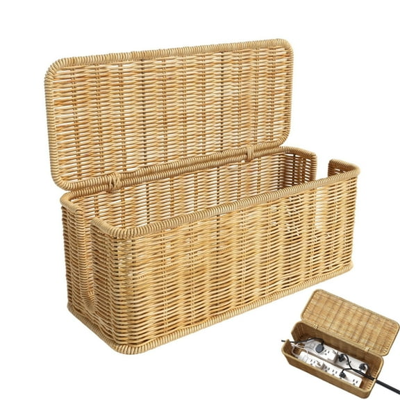 Jademall Handmade Cable Management Box - 13x5.2x5.1 inches, Decorative Cord Organizer with Cover & 2 Open Slots for Home, Office, Car, Kitchen, Living Room, and Bedroom - Brown