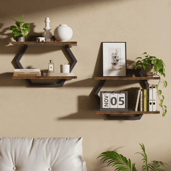 Jademall Hexagon Floating Shelves Set of 2,2-Tier Wall Mounted Storage Shelves,Rustic Wood & Metal Frame for Bathroom,Living Room,Bedroom & Kitchen – Brown Black