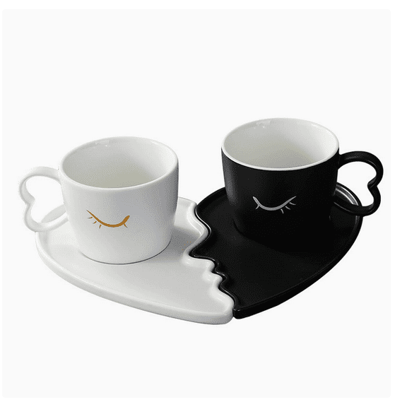 Jademall Kissing Couple Mugs Set, 200ml Ceramic Cups with Interlocking Heart Saucers & Spoons, Romantic wedding & Anniversary Gift - Black & White