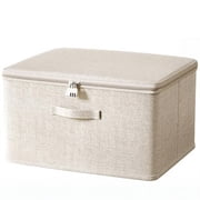 Jademall Lockable Fabric Storage Box with Combination Lock, Collapsible Cotton Linen Organizer Bin with Lid, for Clothes, Documents & Valuables, Beige, 11.8 7.8 5.5 in