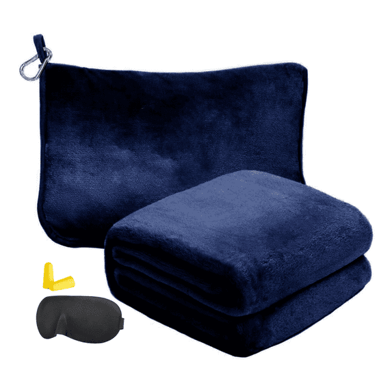 Jademall Travel Blanket 2 in 1 Soft Flannel Airplane Throw Blankets in Soft Bag Pillow case with Hand Luggage Belt, 59x40inch, Navy