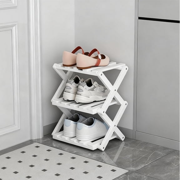 Jademall White Foldable Shoe Rack,No-Assembly Shoe Organizer for Small Spaces,Slim Free-Standing Storage Shelf for Entryways & Bedrooms - 3 Tier