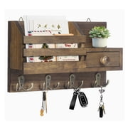 Jademall Wooden Key Holder Wall Mount, Entryway Wall Organizer, Mail Organizer with Drawer & 8 Hooks, Rustic Entryway Rack for Hallway - Brown