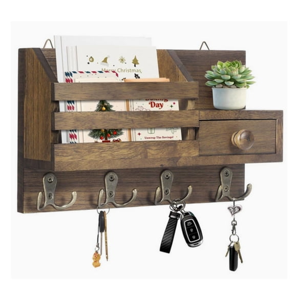 Jademall Wooden Key Holder Wall Mount, Entryway Wall Organizer, Mail Organizer with Drawer & 8 Hooks, Rustic Entryway Rack for Hallway - Brown