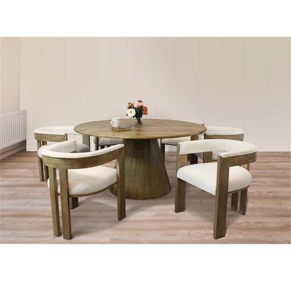 Jaden 7-Piece 60" Modern Dining Set with 6 Trish Ivory Boucle Arm Chairs