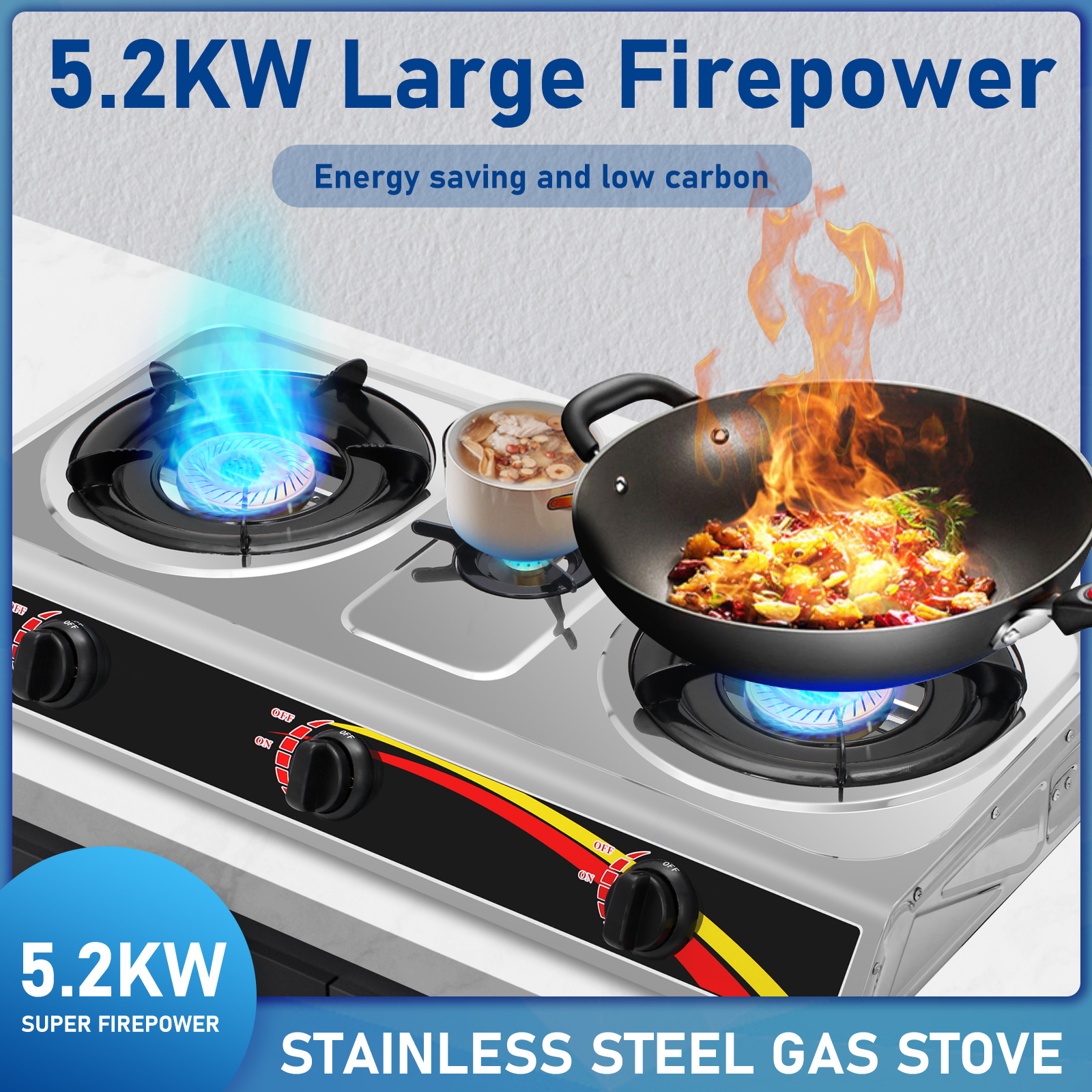 Jadeshay Propane Gas Cooktop 3 Burners Gas Stove Portable Gas Stove Thickened Stainless Steel Double Burners Stove Auto Ignition Camping Double Burner LPG for RV,Apartments,Outdoor - image 1 of 10