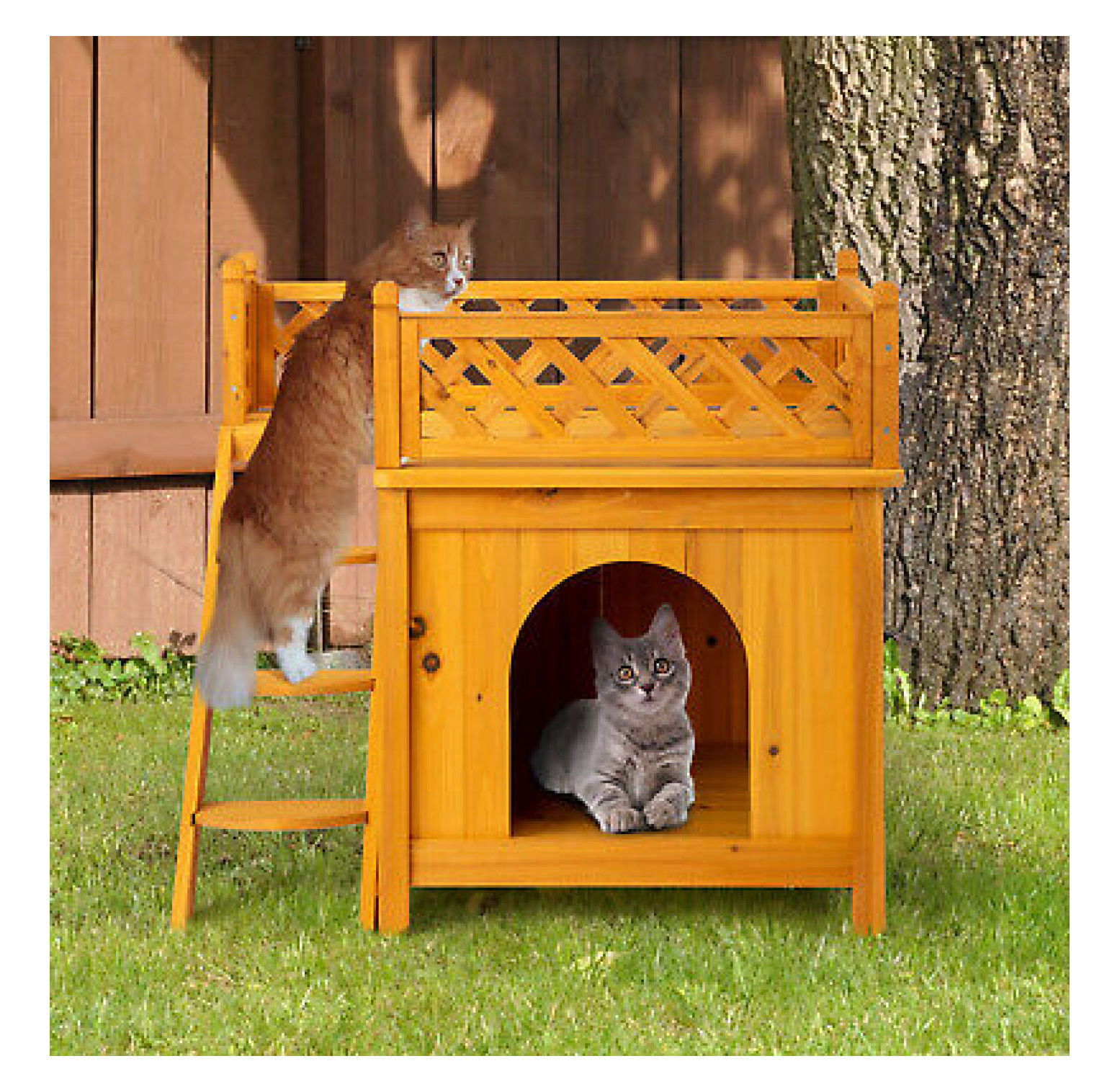 Jadona 2 Tier Outdoor Catio Cat Enclosure, Wooden Cat House with Escape
