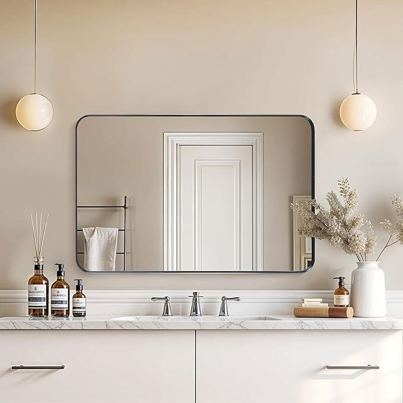 Jadona Bathroom Wall Mirror with Metal Frame Rounded Corners Hanging ...