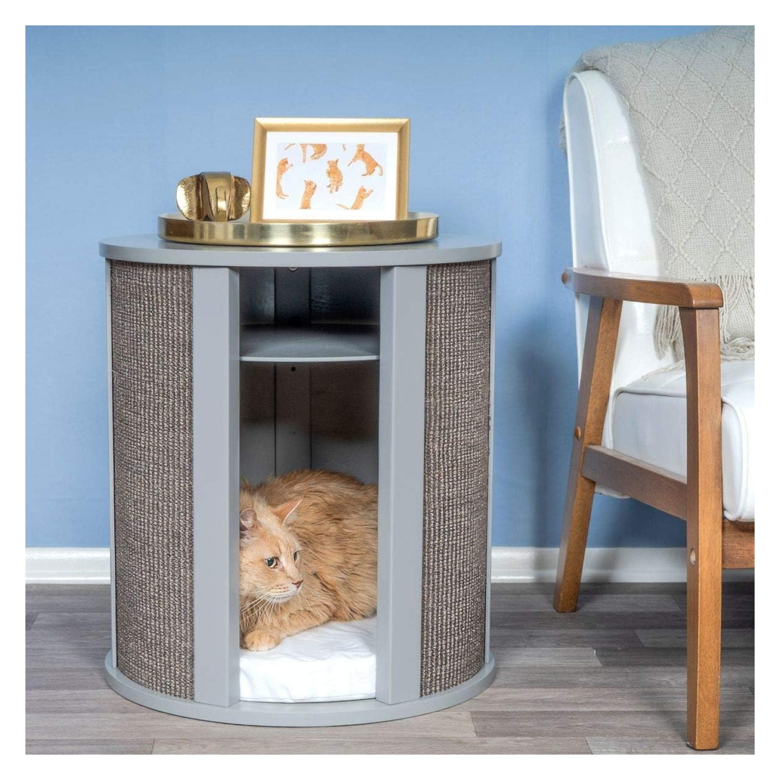 Smoke Gray Sisal Cat Bed End Table with Storage Shelf