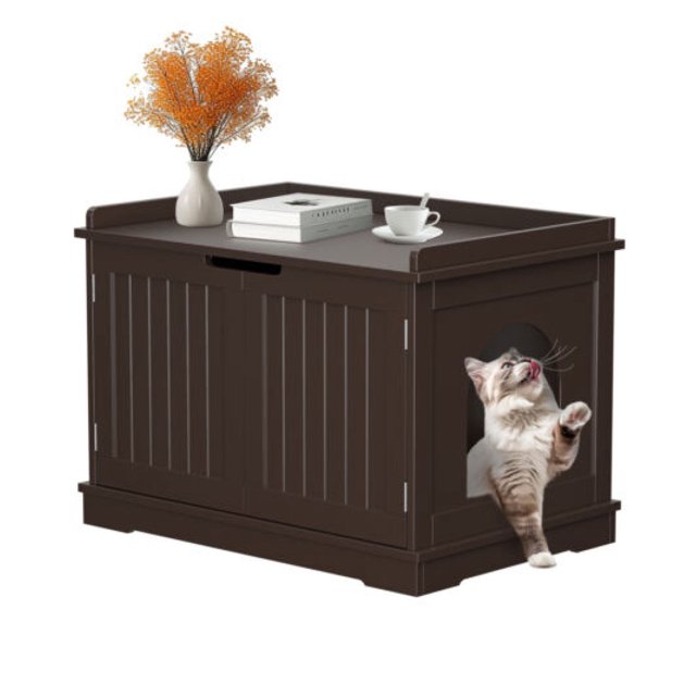 Jadona Wooden Cat Litter Box Enclosure Cat House with Double Door for