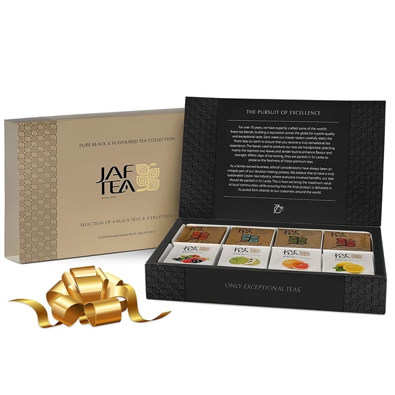 Jaf Tea-Tea Sampler Gift Set Box, 80 COUNT - 8 Tea Variety Pack-4 Fruit Black Teas and 4 Classic Black Teas Including: English Breakfast Tea, Darjeeling Tea, Earl Grey Tea and Lemon Tea-80 Tea Bags (1