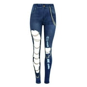 Jag Cords Big Hole Jeans Solid Pants Ripped Trousers Slim Fashion Pencil Chain Denim Women Pants