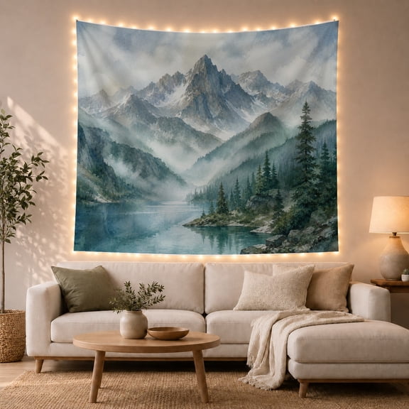 Jagged Mountain Lake with Misty Pine Forest, Serene Watercolor for Nature Lovers, Landscape Wall Art, Housewarming Gift, Tapestry Wall Hanging for Bedroom and Living Room