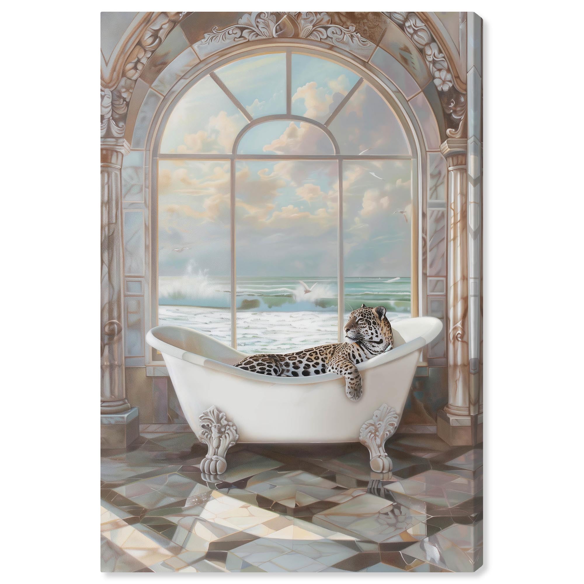 Jaguar in Bathtub Coastal Glam Wrapped Canvas Art