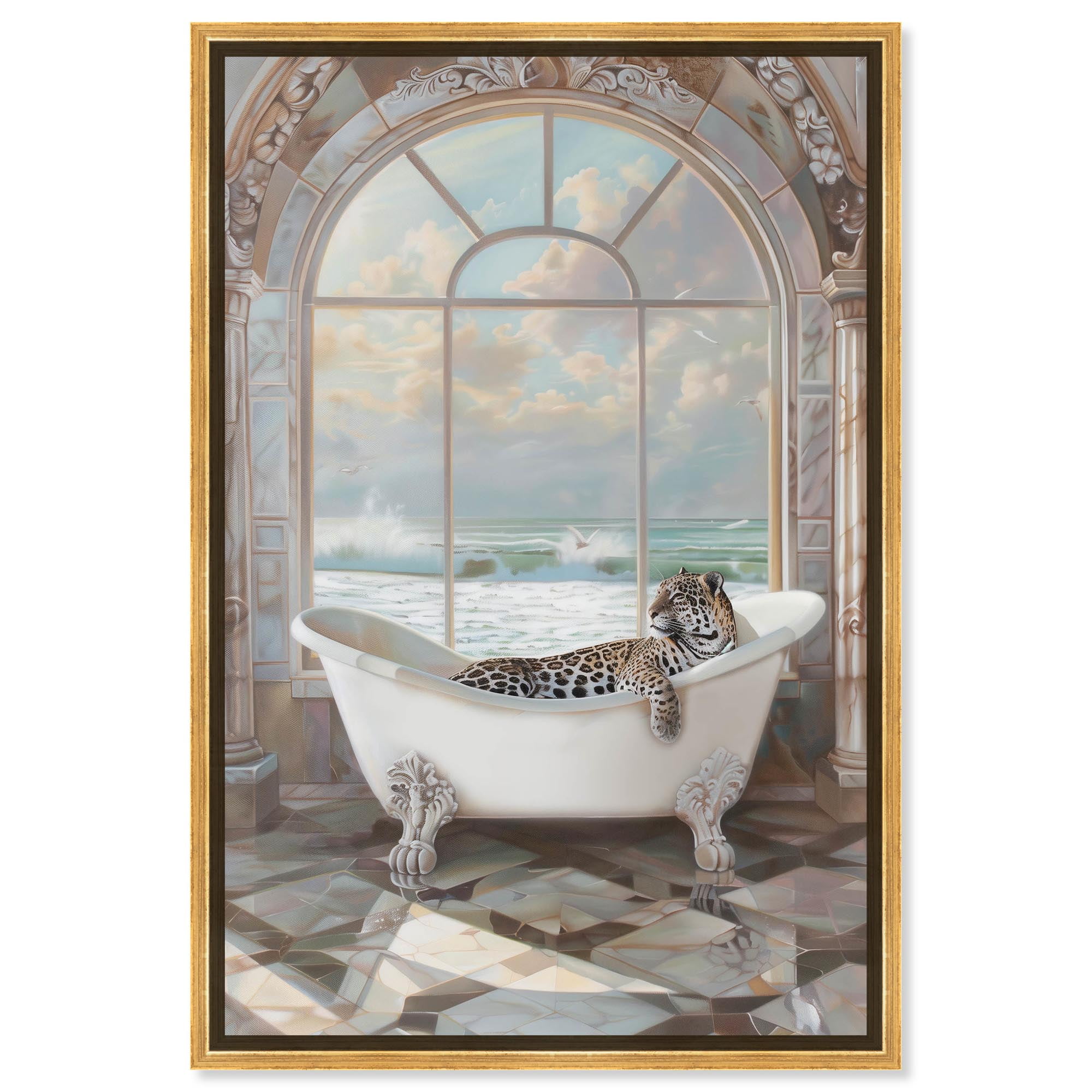 Jaguar Relaxing in Bathtub Coastal Canvas Art with Gold Frame