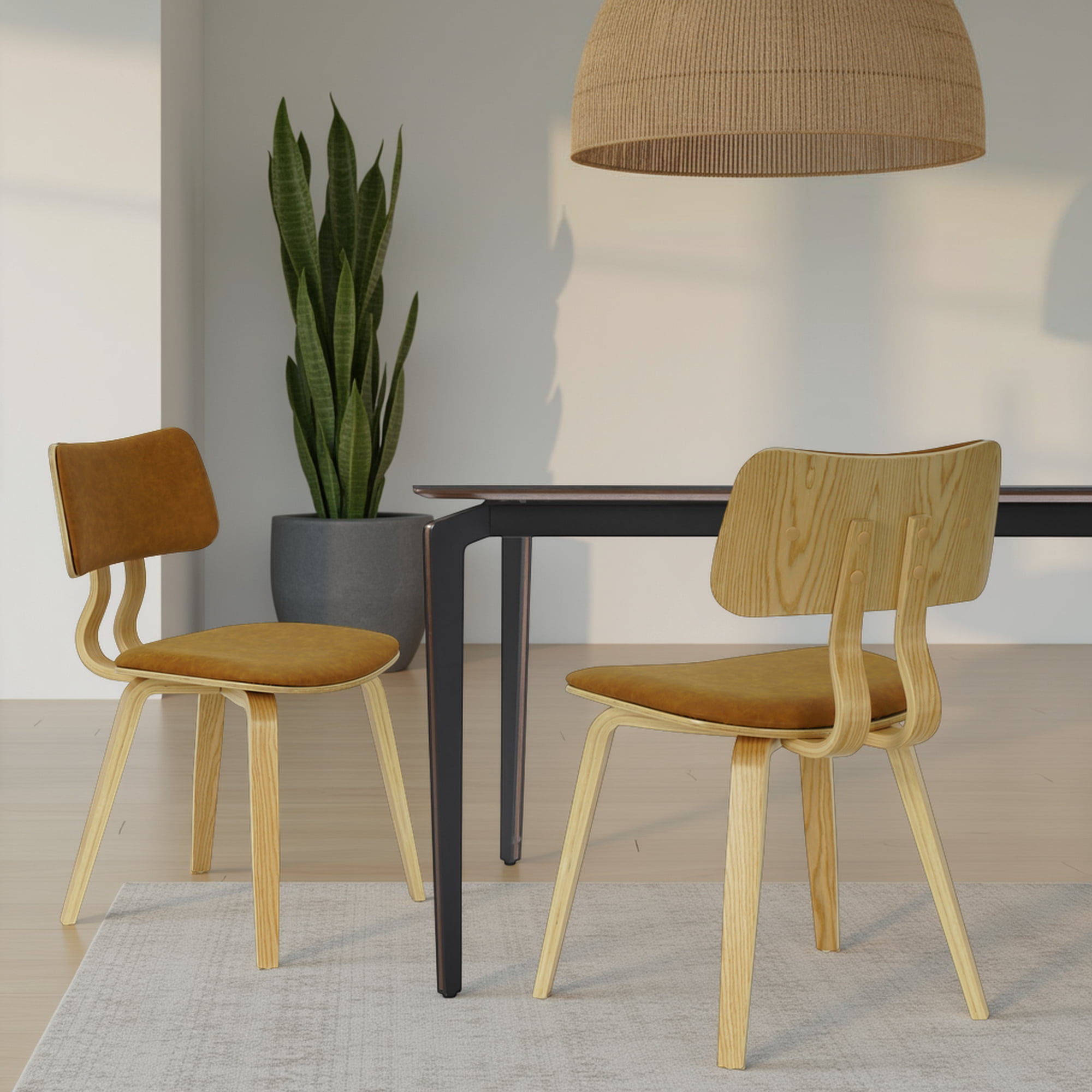 Jaguar Camel Curved Back Wood Dining Chair with Faux Leather Seat Set of 4
