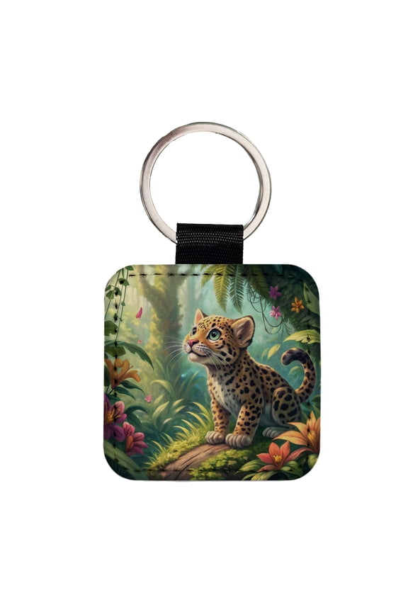 Jaguar Cat In Jungle Children's Illustration Style Faux Leather Square Keychain