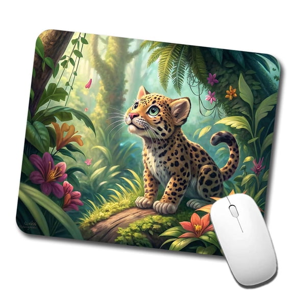 Jaguar Cat In Jungle Children's Illustration Style Mouse Pad Low Profile Gaming Mat