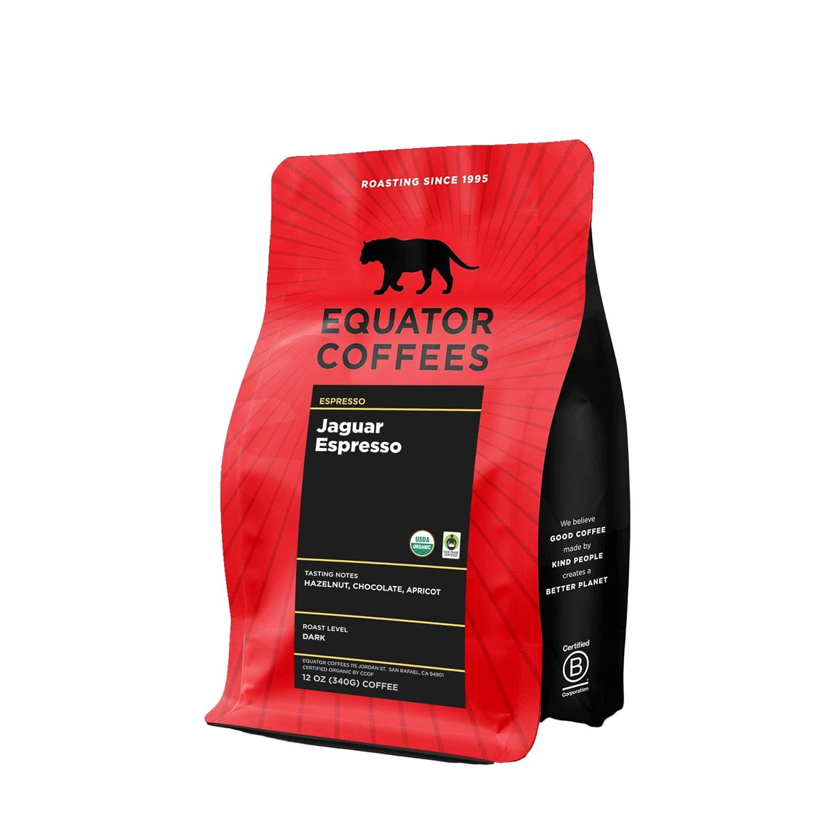 Jaguar Espresso Fair Trade Organic - Roasted by Equator Coffees - Freshly Ground Coffee - 12 Ounce Bag