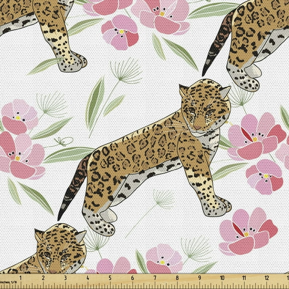 Ambesonne Jaguar Fabric by the Yard Upholstery, Blossoming Corsage Botany, 5 Yards, Pale Brown Pale Pink