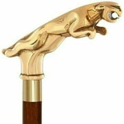 Jaguar Handle Wood Walking Stick Cane 3 fold Open Nautical Vintage Style Wooden Man and Woman Gift Item, Item, Gold And Brown