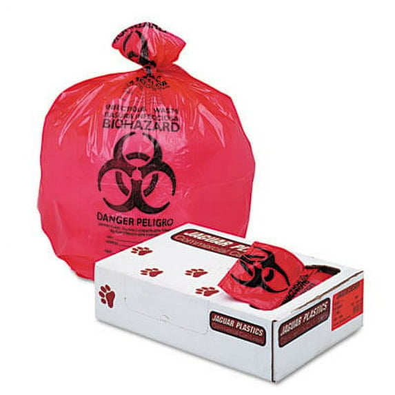 Jaguar IW3658R Health Care "Biohazard" Printed Liners, 1.35mil, 36 x 58, Red, 100/Carton