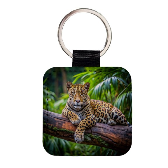 Jaguar Lying On Tree Limb In Jungle Faux Leather Square Keychain