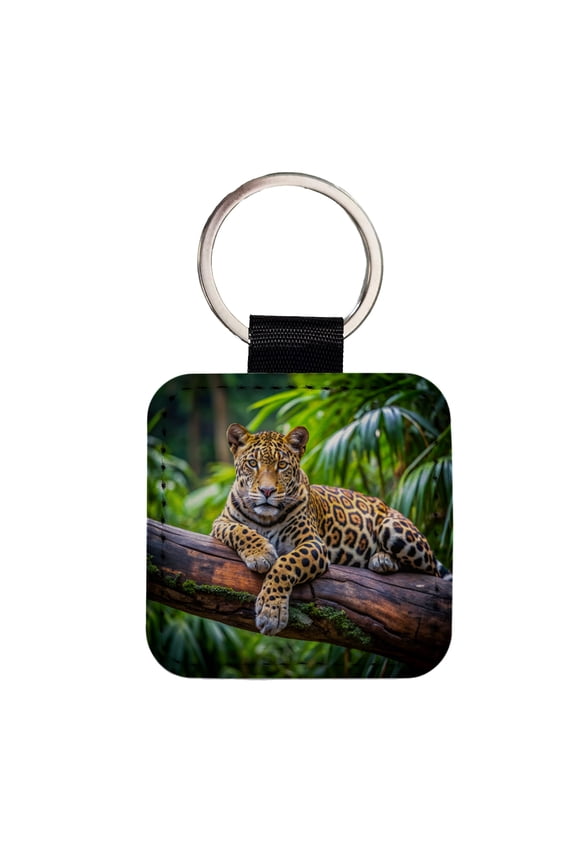 Jaguar Lying On Tree Limb In Jungle Faux Leather Square Keychain