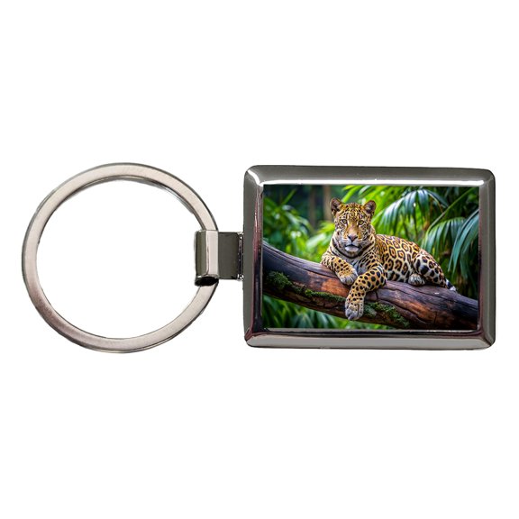 Jaguar Lying On Tree Limb In Jungle Metal Rectangle Keychain