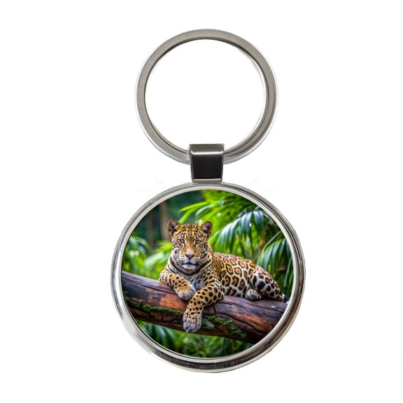 Jaguar Lying On Tree Limb In Jungle Metal Round Keychain