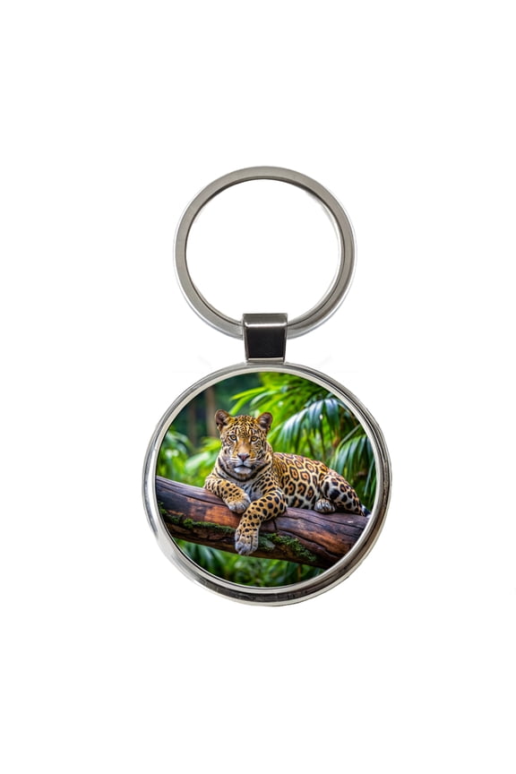 Jaguar Lying On Tree Limb In Jungle Metal Round Keychain
