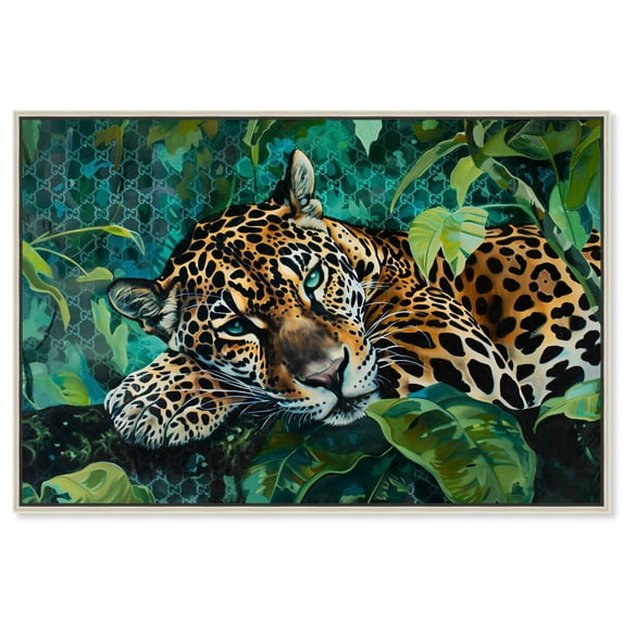 Jaguar Nap Tropical Jungle Animals Canvas Wall Art by Art Remedy, Silver Floater Frame, 24"x16"